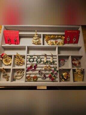 Collection Of 19 Christmas Earrings and Pins Gold-tone Red & Green
